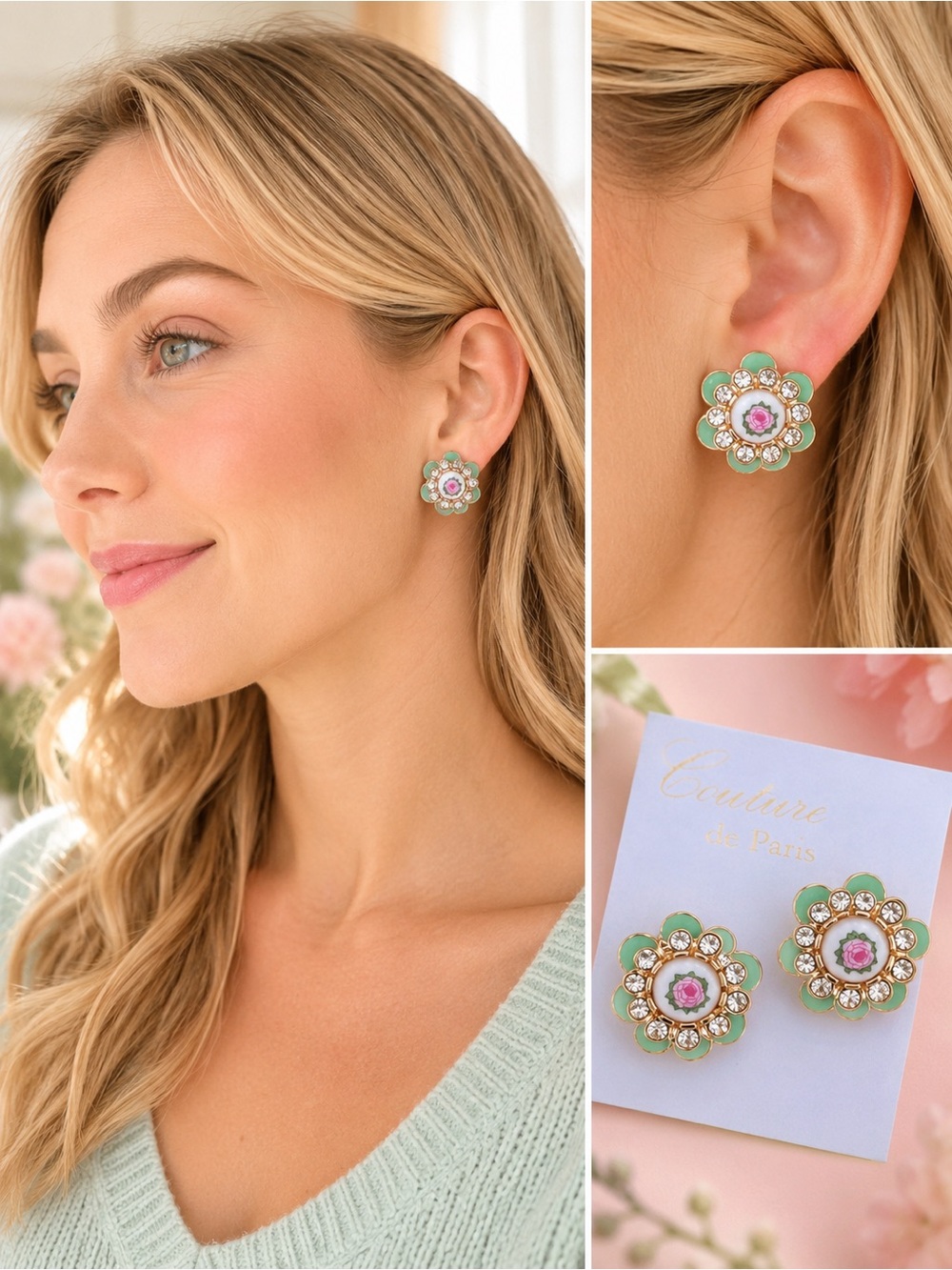 Stunning Vintage Look Enamel Unique Gold Floral Post Earrings